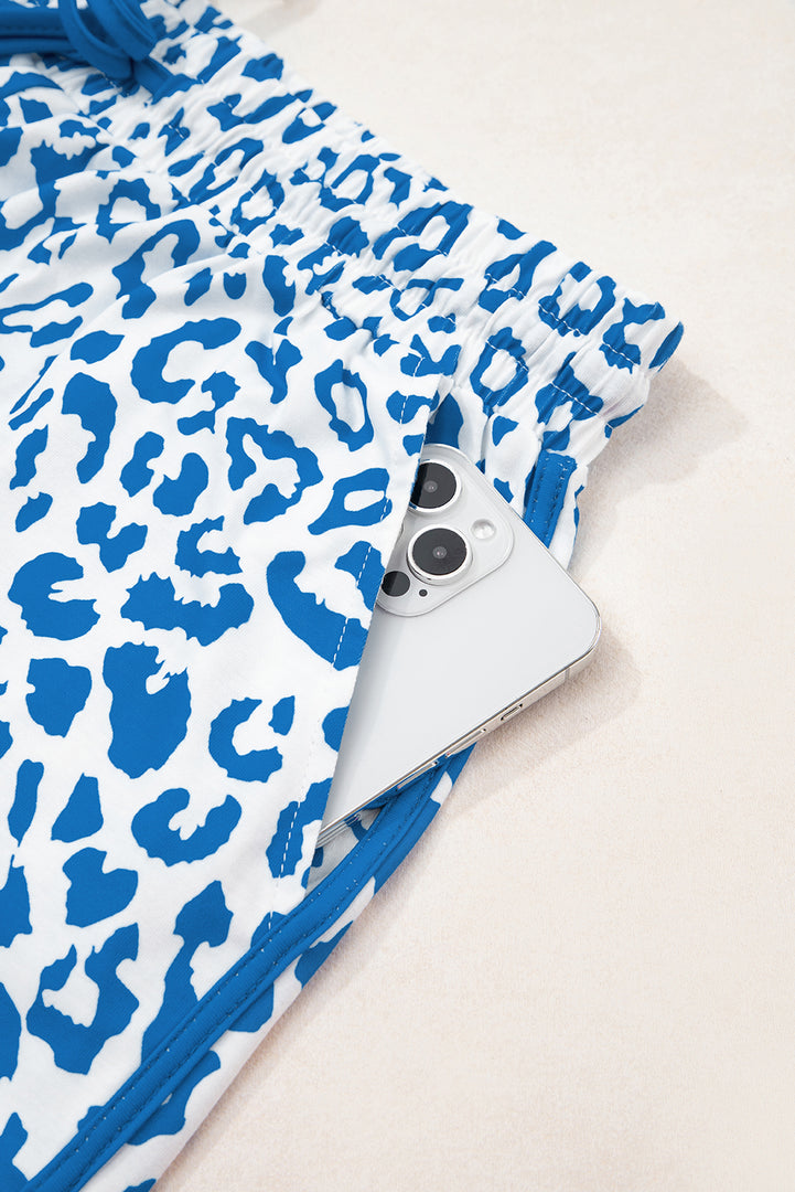 Pink Leopard Elastic Waist Lace up Contrast Trim Casual Shorts