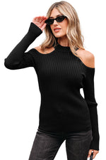Load image into Gallery viewer, Black Ribbed Knit Cold Shoulder Choker Neck Sweater