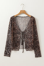 Load image into Gallery viewer, Multicolour Leopard Sheer Mesh Long Sleeve V Neck Lace-up Blouse - Fashion Queen - 8