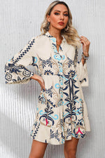 Load image into Gallery viewer, White Printed Tribal Bracelet Sleeve Buttoned Mini Dress - Fashion Queen