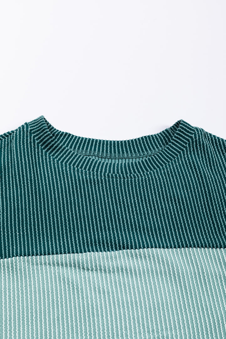 Multicolor Color Block Long Sleeve Ribbed Loose Top - Fashion Queen -  13