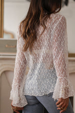 Load image into Gallery viewer, White Sheer Lace Bell Sleeve Mock Neck Blouse - Fashion Queen - 3