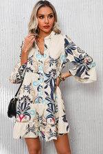 Load image into Gallery viewer, White Printed Tribal Bracelet Sleeve Buttoned Mini Dress - Fashion Queen