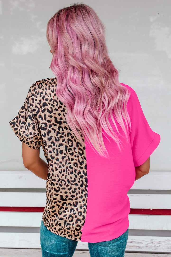 Khaki Contrast Leopard Color Block Blouse