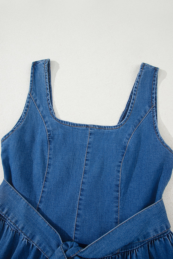Sail Blue Square Neck Bowknot A-line Sleeveless Denim Dress - Fashion Queen -  10
