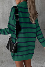 Load image into Gallery viewer, Blue Striped O-ring Zip Collared Loose Sweater Mini Dress - Fashion Queen - 28