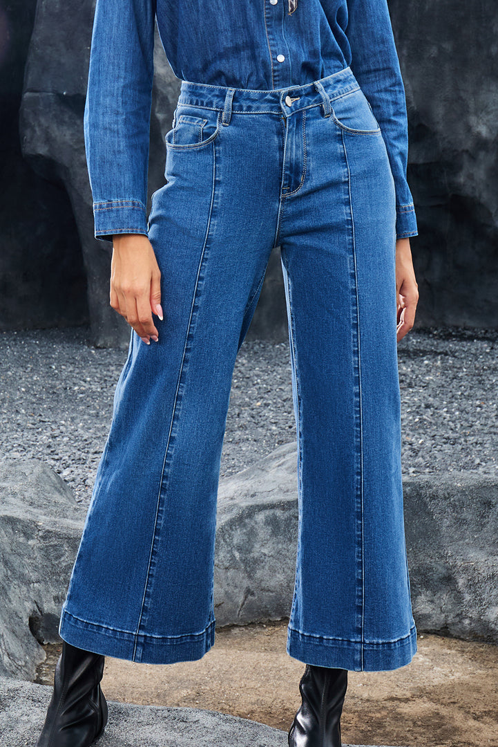 Dark Blue Plain Seam Detail Flared Bottom Ankle Length Jeans - Fashion Queen -  7