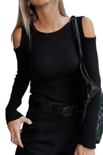 Load image into Gallery viewer, Black Ribbed Knit Cold Shoulder Sweater
