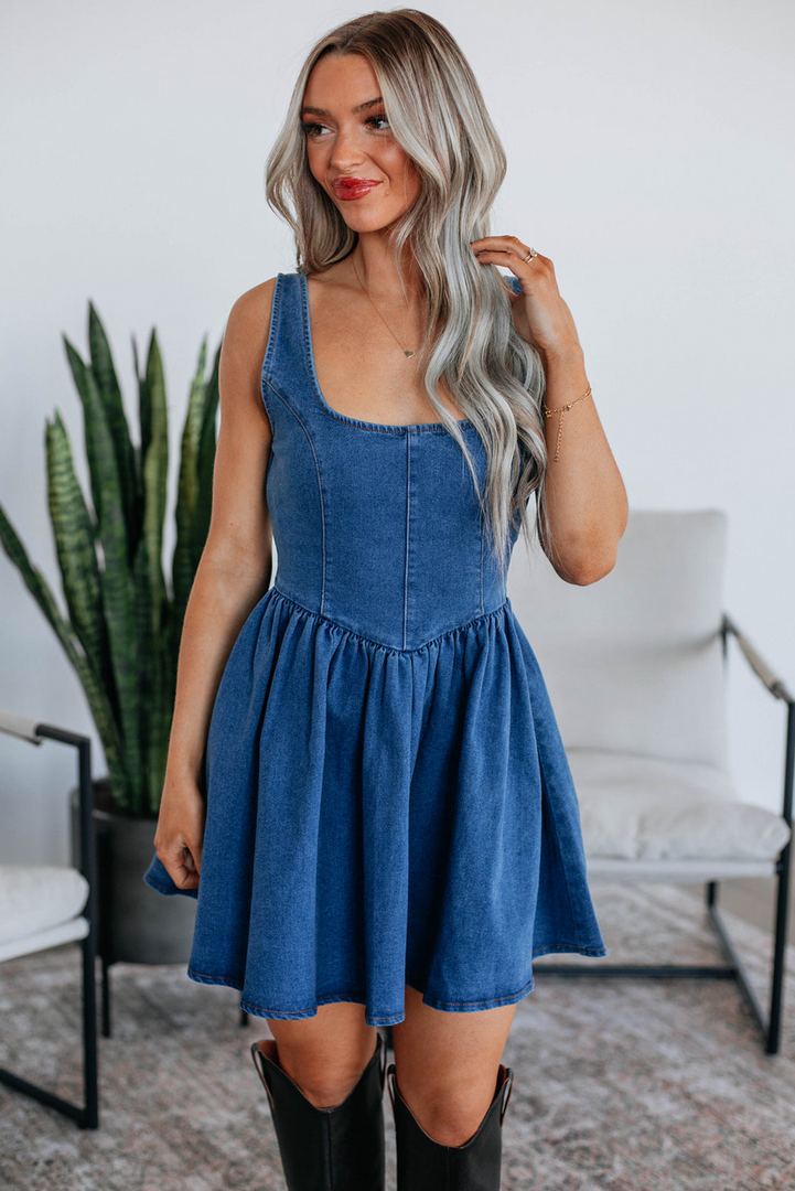 Sail Blue Square Neck Bowknot A-line Sleeveless Denim Dress - Fashion Queen -  2