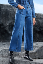 Load image into Gallery viewer, Dark Blue Plain Seam Detail Flared Bottom Ankle Length Jeans - Fashion Queen -  3