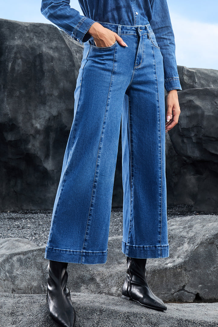 Dark Blue Plain Seam Detail Flared Bottom Ankle Length Jeans - Fashion Queen -  3