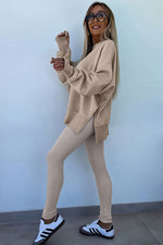Load image into Gallery viewer, Jet Stream Solid Color Oversize Slit Sweatshirt Ribbed Leggings 2pcs Set