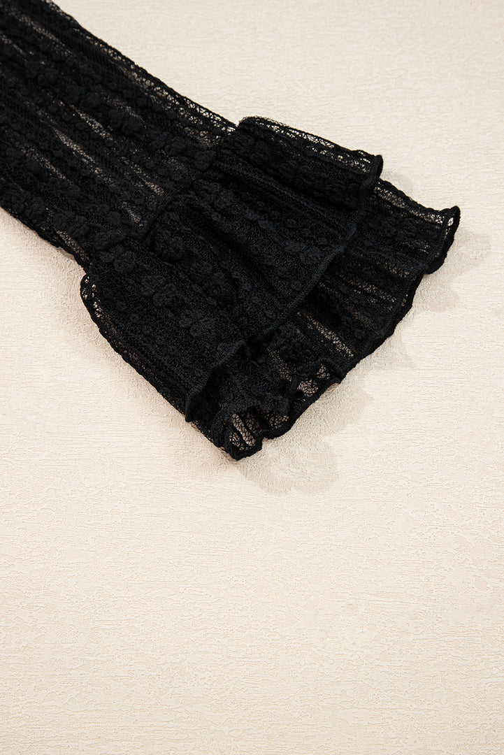 Black Lace Patchwork Flounce Sleeve Slim Fit Top