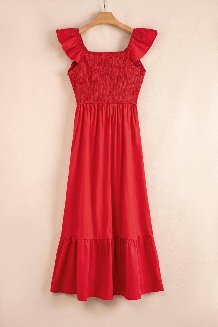 Pink V Neck Flutter Sleeve Smocked Bodice High Waist Ruffle Maxi Dress