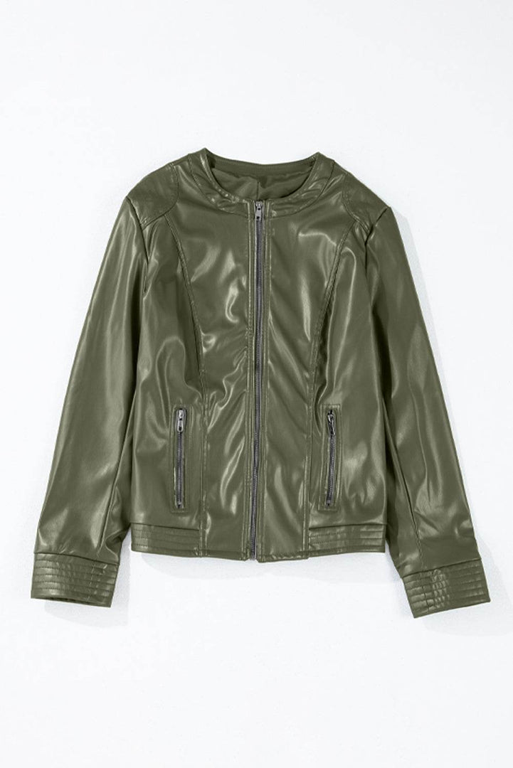 Black Solid Faux Leather Zipper Slim Fit Bomber Jacket - Fashion Queen