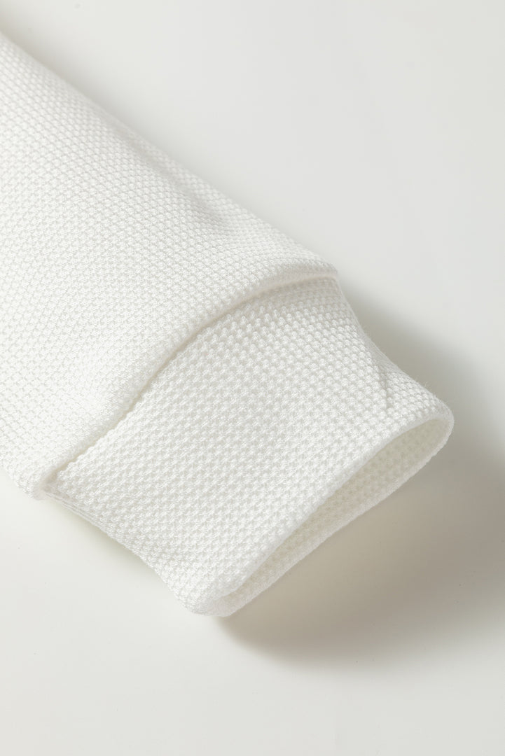 White Rounded Hem Waffle Long Sleeve Top