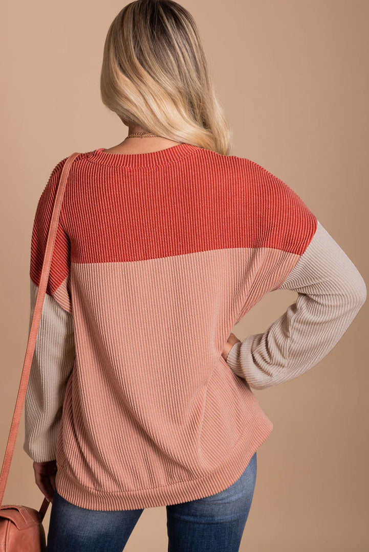 Multicolor Color Block Long Sleeve Ribbed Loose Top