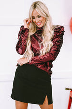 Load image into Gallery viewer, Apricot Sequin Mock Neck Bubble Sleeve Top - Fashion Queen