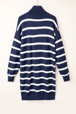 Load image into Gallery viewer, Blue Striped O-ring Zip Collared Loose Sweater Mini Dress - Fashion Queen - 14