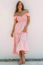 Load image into Gallery viewer, Pink V Neck Flutter Sleeve Smocked Bodice High Waist Ruffle Maxi Dress - Fashion Queen