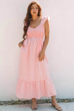 Load image into Gallery viewer, Pink V Neck Flutter Sleeve Smocked Bodice High Waist Ruffle Maxi Dress - Fashion Queen