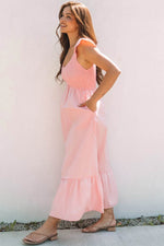 Load image into Gallery viewer, Pink V Neck Flutter Sleeve Smocked Bodice High Waist Ruffle Maxi Dress - Fashion Queen
