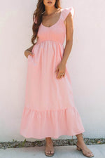 Load image into Gallery viewer, Pink V Neck Flutter Sleeve Smocked Bodice High Waist Ruffle Maxi Dress - Fashion Queen