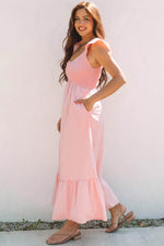 Load image into Gallery viewer, Pink V Neck Flutter Sleeve Smocked Bodice High Waist Ruffle Maxi Dress - Fashion Queen