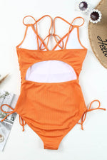 Load image into Gallery viewer, Sky Blue Orange Adjustable Straps Ribbed Knit One Piece Swimsuit - Fashion Queen