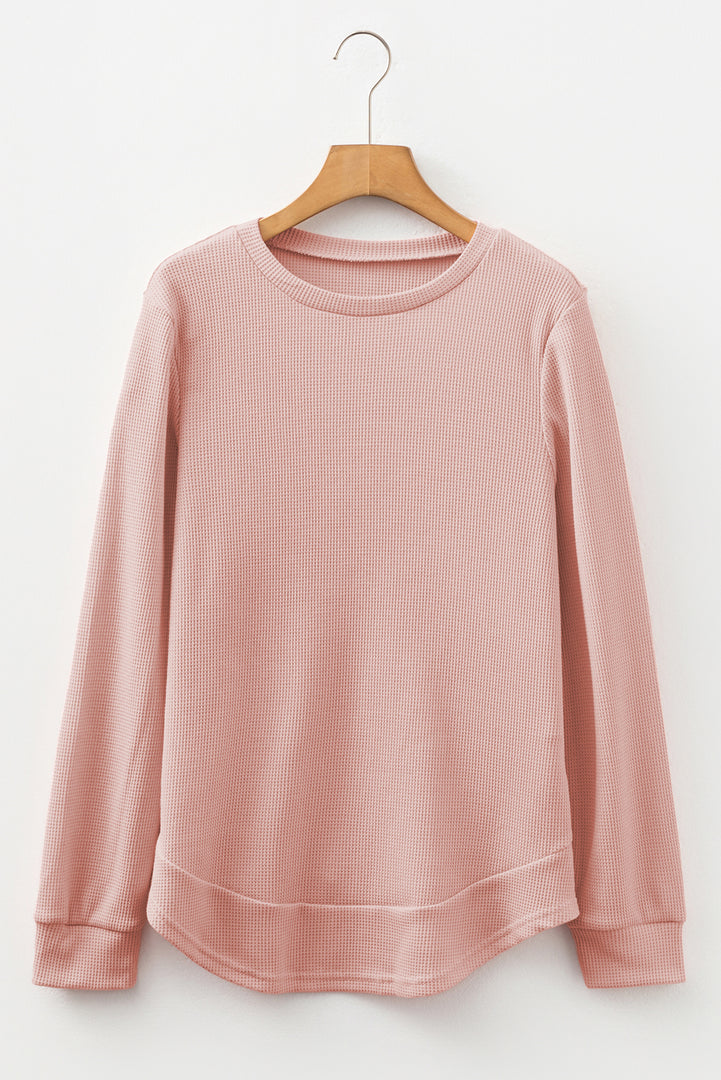 Gossamer Pink Rounded Hem Waffle Long Sleeve Top