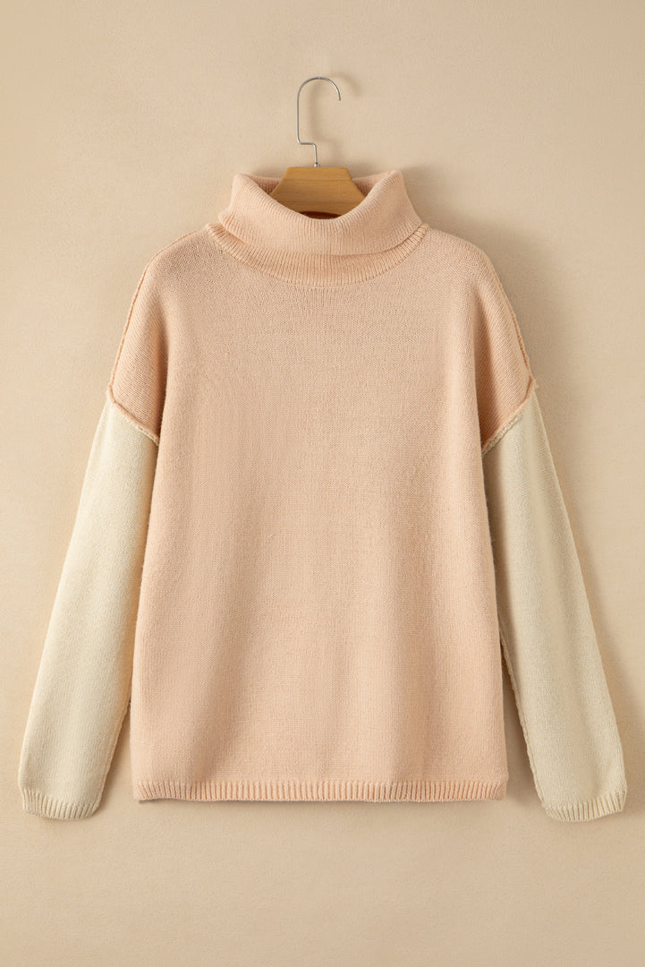 White Color Block Turtle Neck Drop Shoulder Knit Sweater
