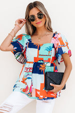 Load image into Gallery viewer, Sky Blue Tropical Printed Square Neck Flutter Sleeve Babydoll Blouse
