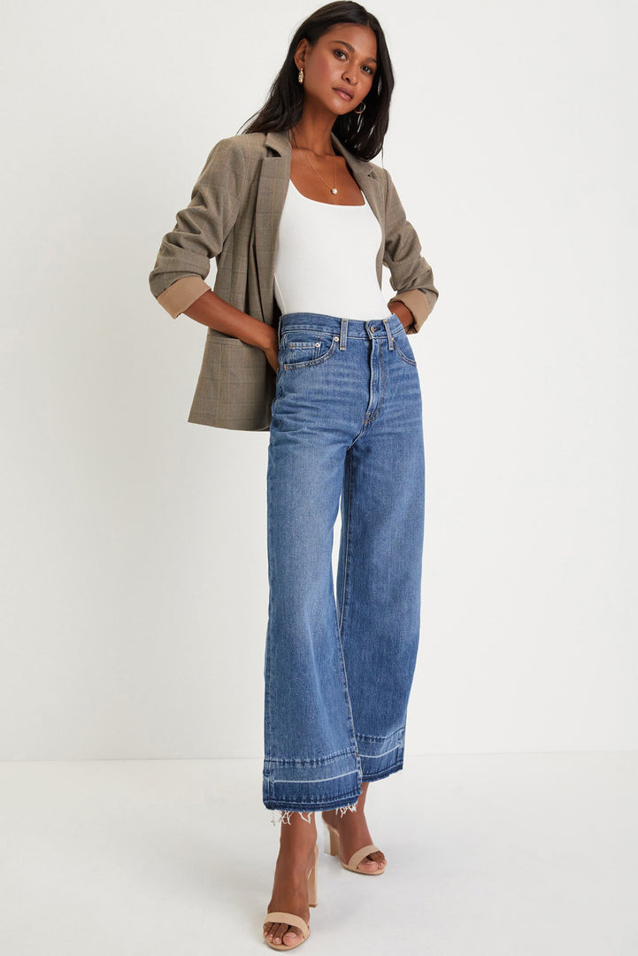 Dusk Blue Raw Hem Straight Leg Loose High Waist Jeans