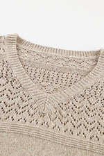 Load image into Gallery viewer, Black Eyelet Pattern Detail V Neck Drop Shoulder Sweater - Fashion Queen
