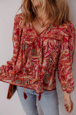 Load image into Gallery viewer, Multicolour Ethnic Paisley Print Tassel Tie Puff Sleeve Boho Blouse - Fashion Queen -  3
