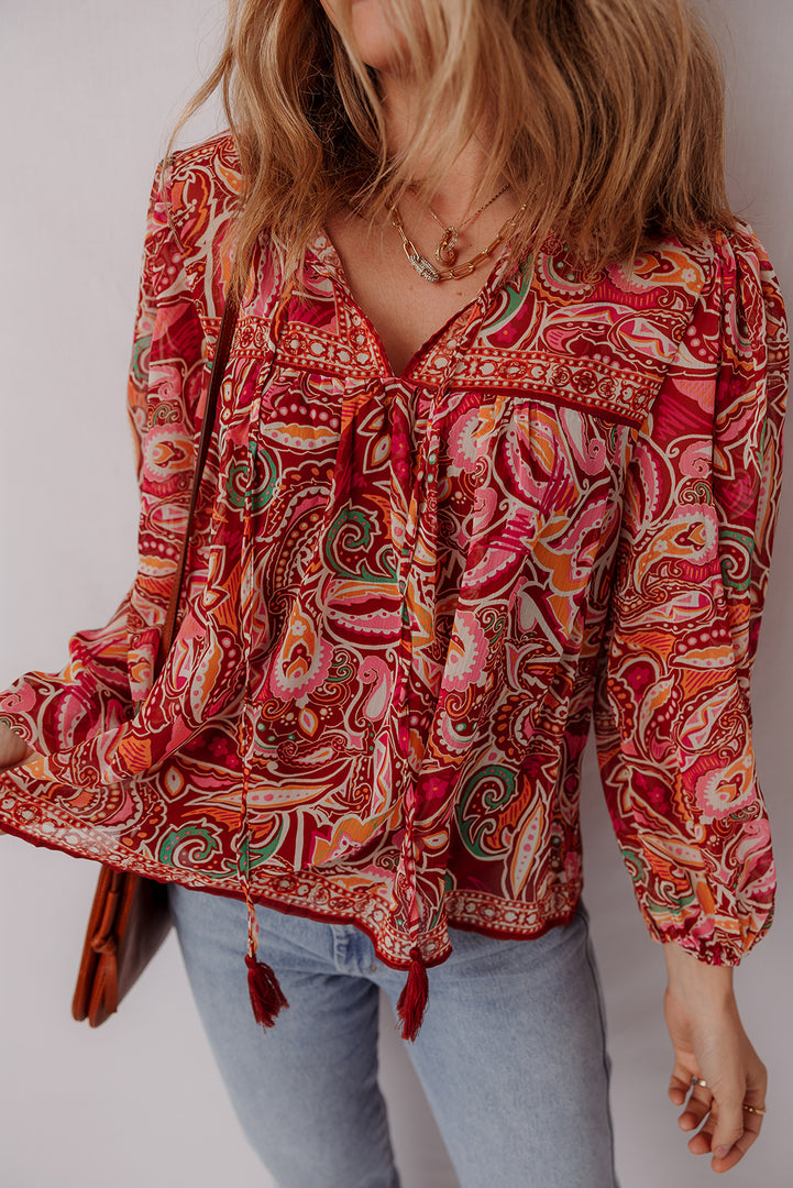 Multicolour Ethnic Paisley Print Tassel Tie Puff Sleeve Boho Blouse - Fashion Queen -  3