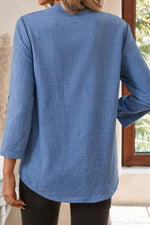 Load image into Gallery viewer, Ashleigh Blue Solid Color Notched V Neck Roll up 3/4 Sleeve Blouse
