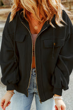 Load image into Gallery viewer, Black Flap Pocket Drawstring Hood Zip Up Jacket
