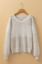 Load image into Gallery viewer, Black Eyelet Pattern Detail V Neck Drop Shoulder Sweater - Fashion Queen
