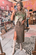 Load image into Gallery viewer, Brown Leopard Denim Frayed Split Denim Midi Skirt
