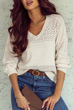 Load image into Gallery viewer, Black Eyelet Pattern Detail V Neck Drop Shoulder Sweater - Fashion Queen
