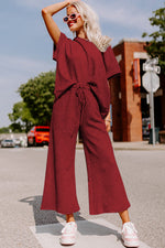 Load image into Gallery viewer, Black Textured Loose Fit T Shirt and Drawstring Pants Set
