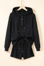 Load image into Gallery viewer, Black Button Drawstring Hooded Pullover and Casual Short Set
