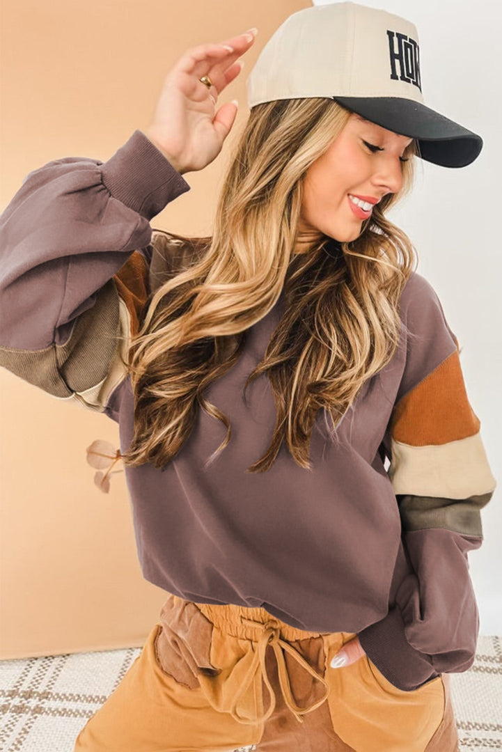 Dark Khaki Color Block Drop Shoulder Pullover Casual Sweatshirt - Fashion Queen -  2