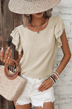 Load image into Gallery viewer, Beige Solid Color Ruffled Short Sleeve Casual Blouse
