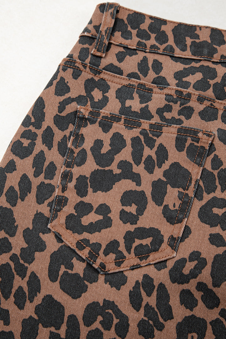 Brown Leopard Denim Frayed Split Denim Midi Skirt - Fashion Queen -  12