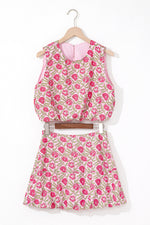 Load image into Gallery viewer, Pink Floral Print Puffy Cropped Tank and Mini Skirt Set
