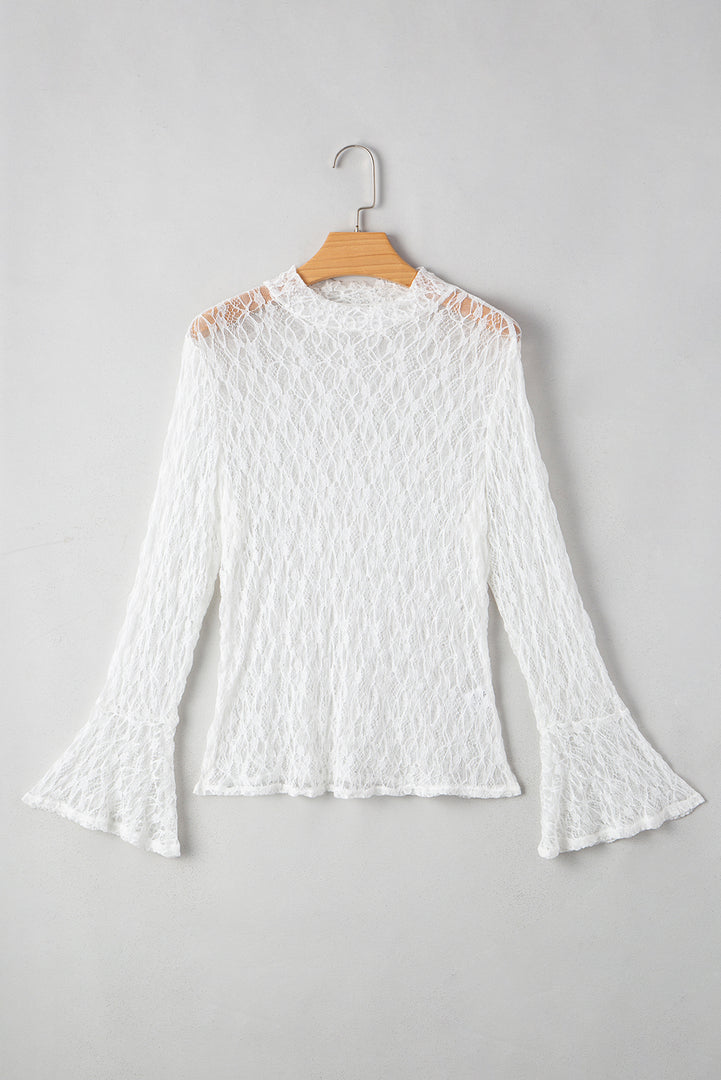White Sheer Lace Bell Sleeve Mock Neck Blouse - Fashion Queen -  4