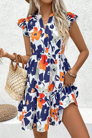 Orange Floral Print Notched Neck Flutter Sleeve Mini Dress - Fashion Queen -  1