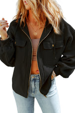 Load image into Gallery viewer, Black Flap Pocket Drawstring Hood Zip Up Jacket
